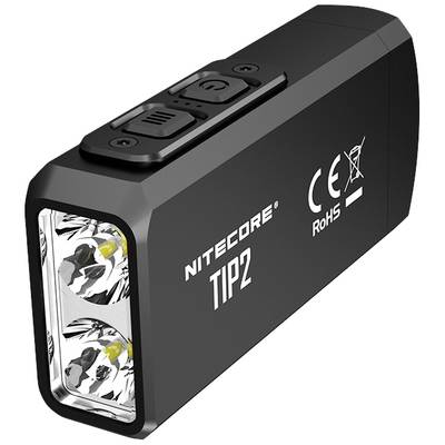 Zwarte LED-zaklamp 'Nitecore TIP2' met twee lichten, voorzien van CE- en RoHS-certificering.