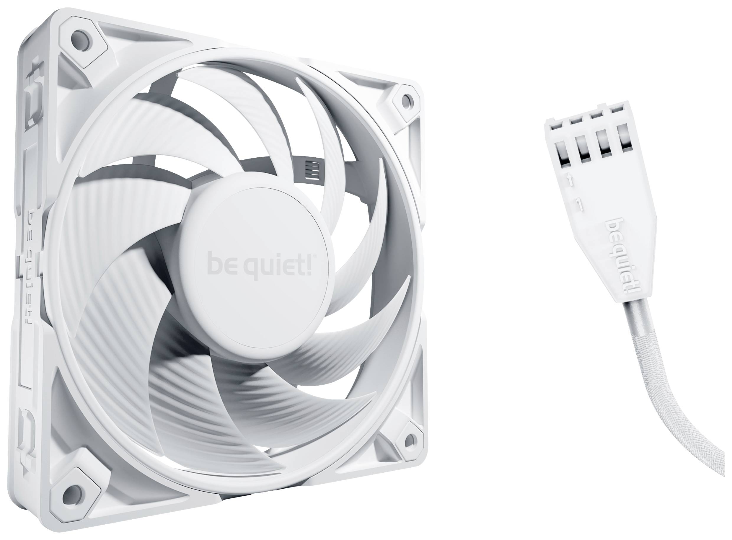 'Wees Stil!' Ventilator in het wit met zichtbare ventilatorbladen en aansluitkabel rechts. Ontworpen voor pc-kastekoeling.