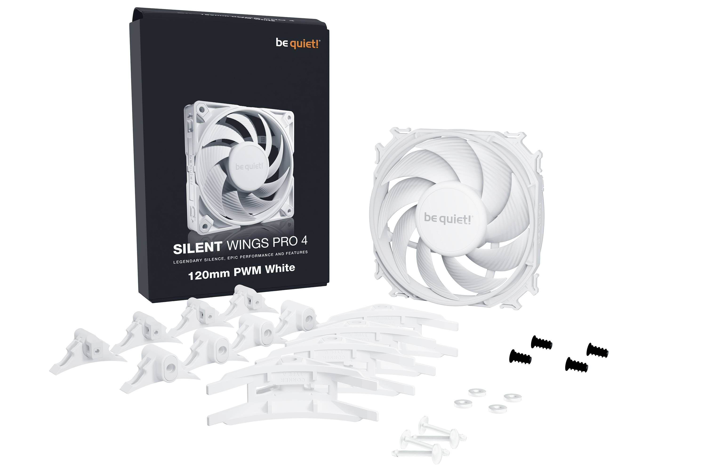 'Be Quiet! Silent Wings Pro 4' ventilatoren-set in Wit, inclusief verpakking, ventilator, montagetoebehoren en schroeven.