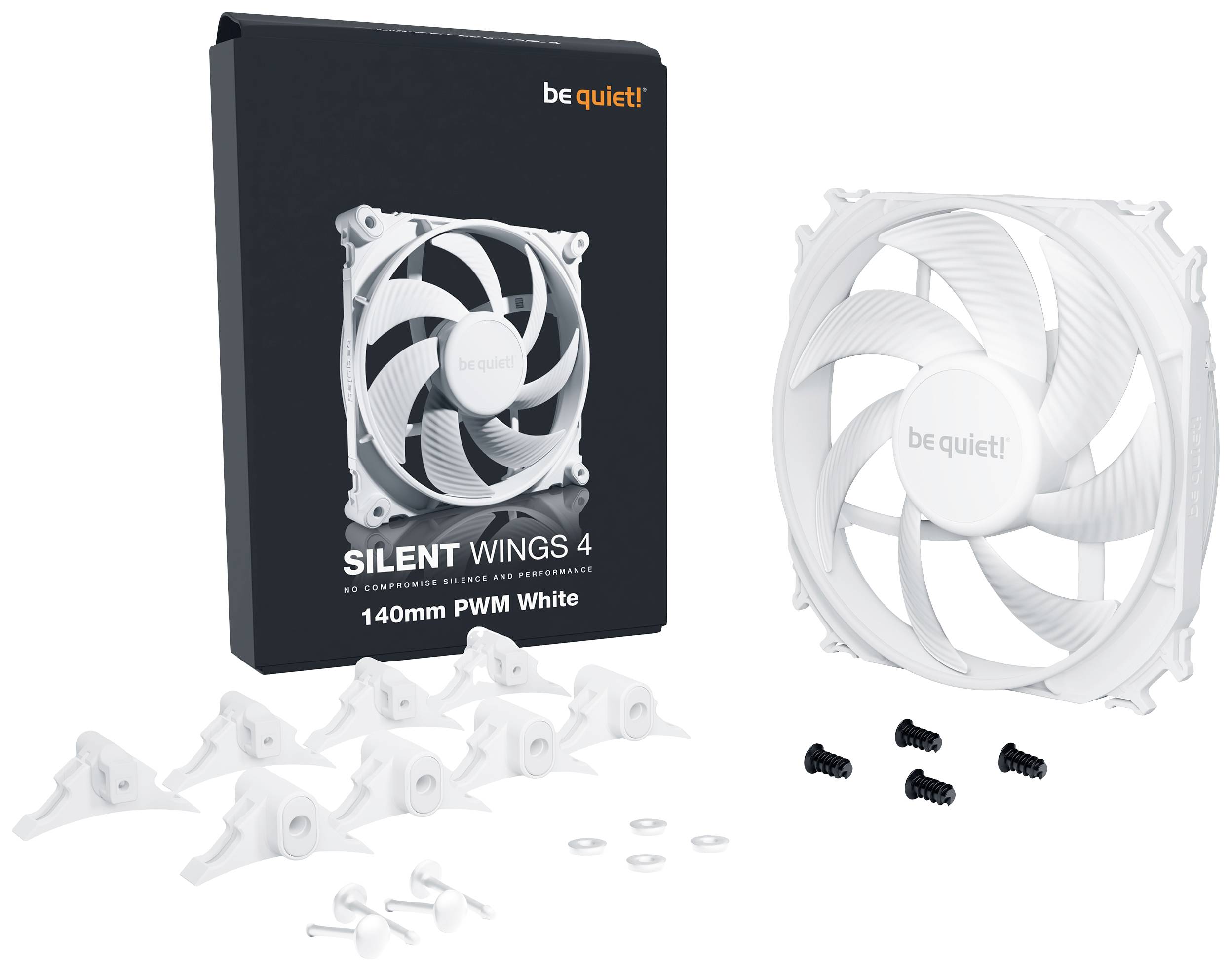Ventilaterset 'be quiet! Silent Wings 4' met 140 mm PWM-ventilator, geschikt voor montage, in het wit. Inclusief schroeven en bevestigingsmateriaal.