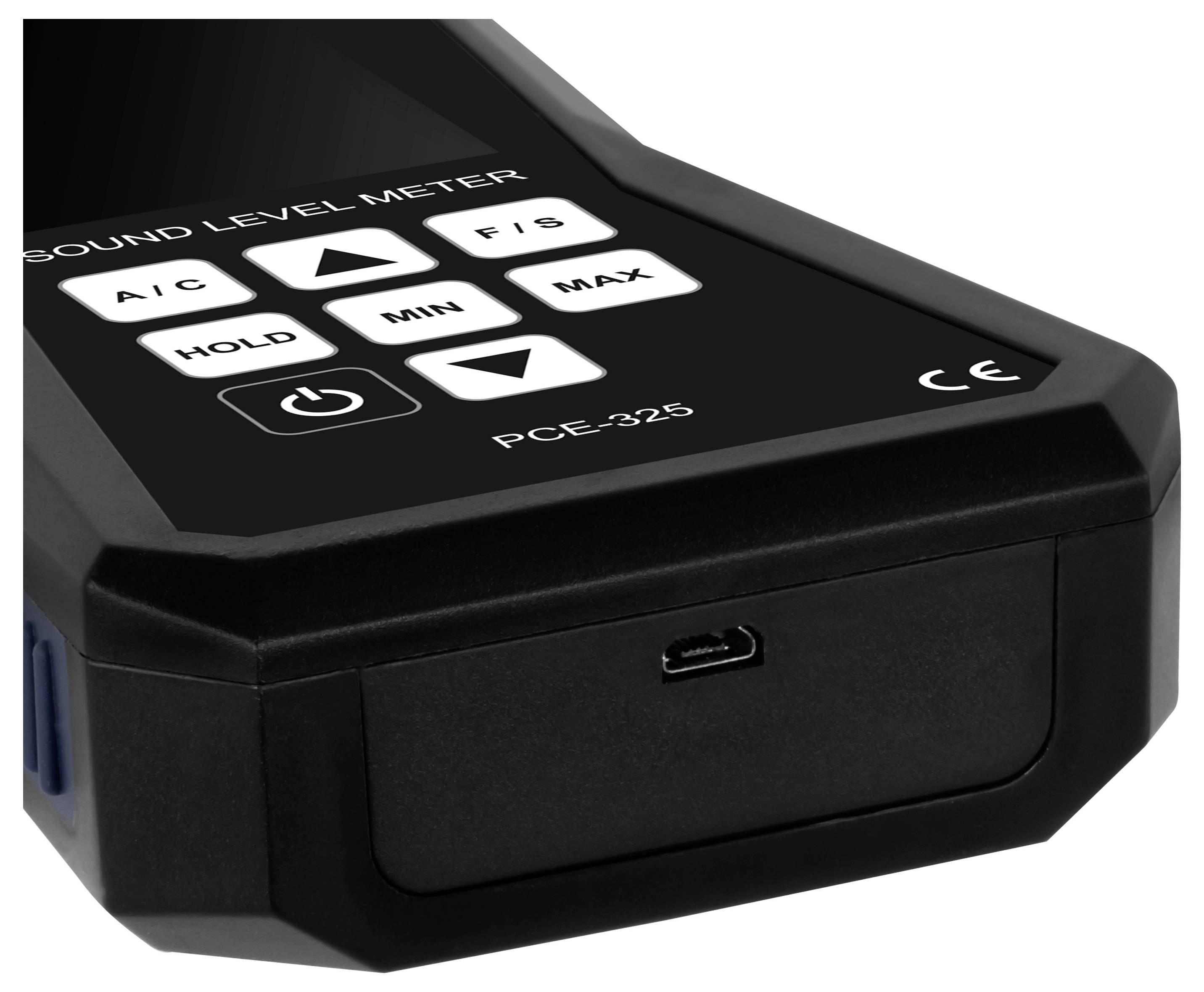 Zwarte digitale geluidspegelernstmeter met displaybedieningen, gelabeld 'SOUND LEVEL METER' en 'PCE-322', weergegeven in close-up op een witte achtergrond.