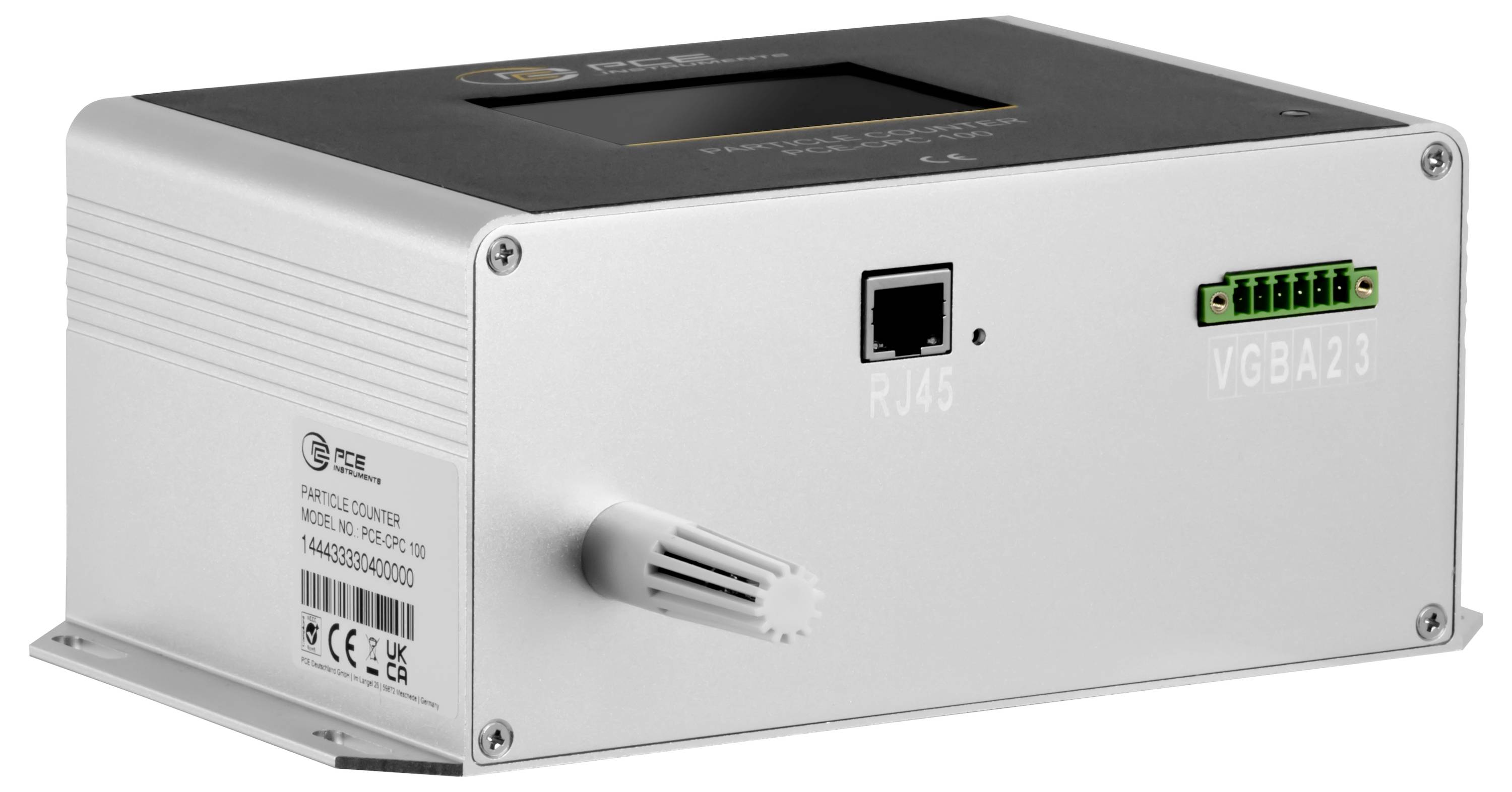Metalen elektronische apparaatbehuizing met RJ45-netwerkpoort, groene terminalconnector en geventileerde frontaansluiting op een montagebase