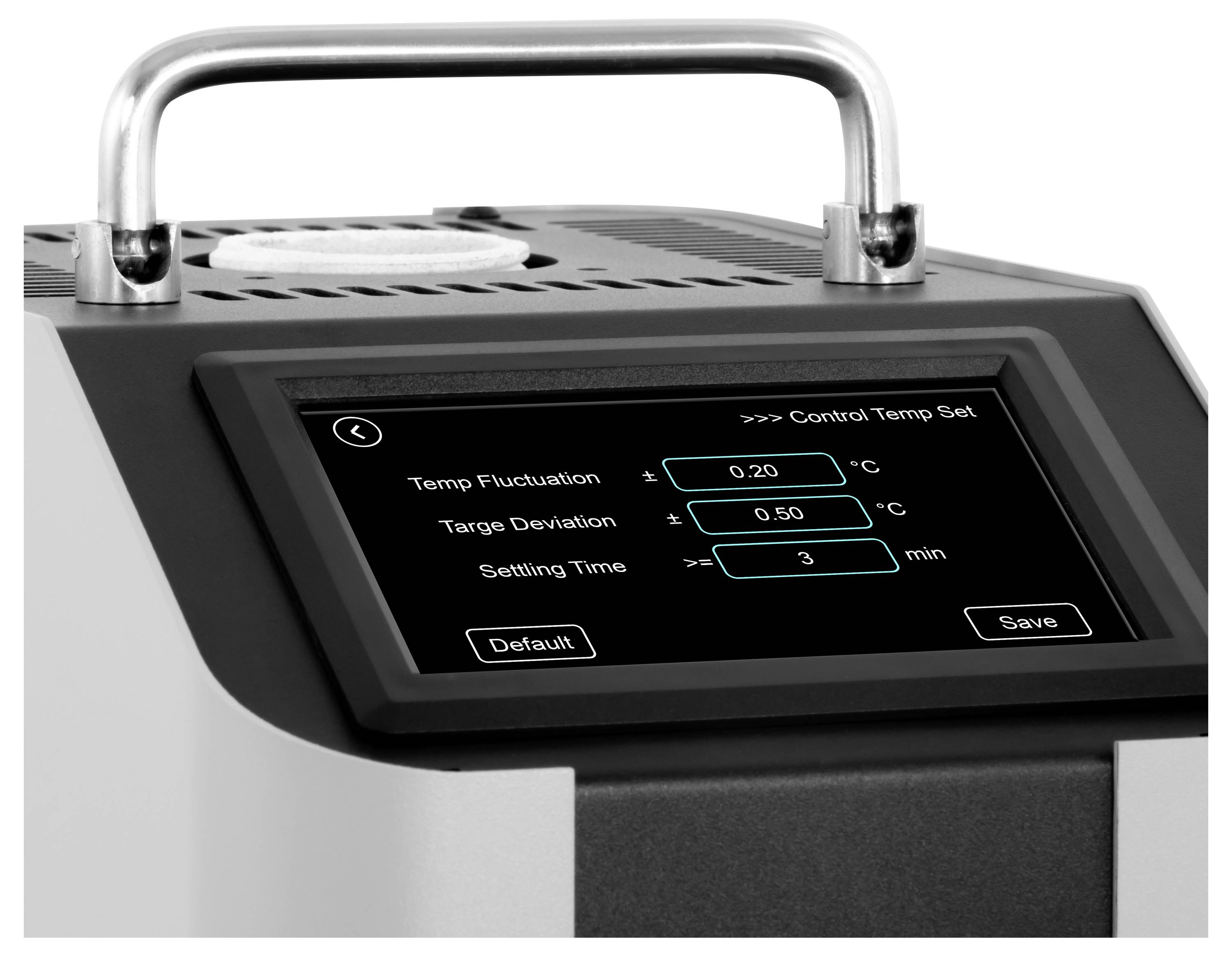 Aanraakschermpaneel op een laboratoriumapparaat met "Control Temp Set"-opties voor temperatuurfluctuatie, doelafwijking en instelingstijd met Standaard- en Opslaan-knoppen.