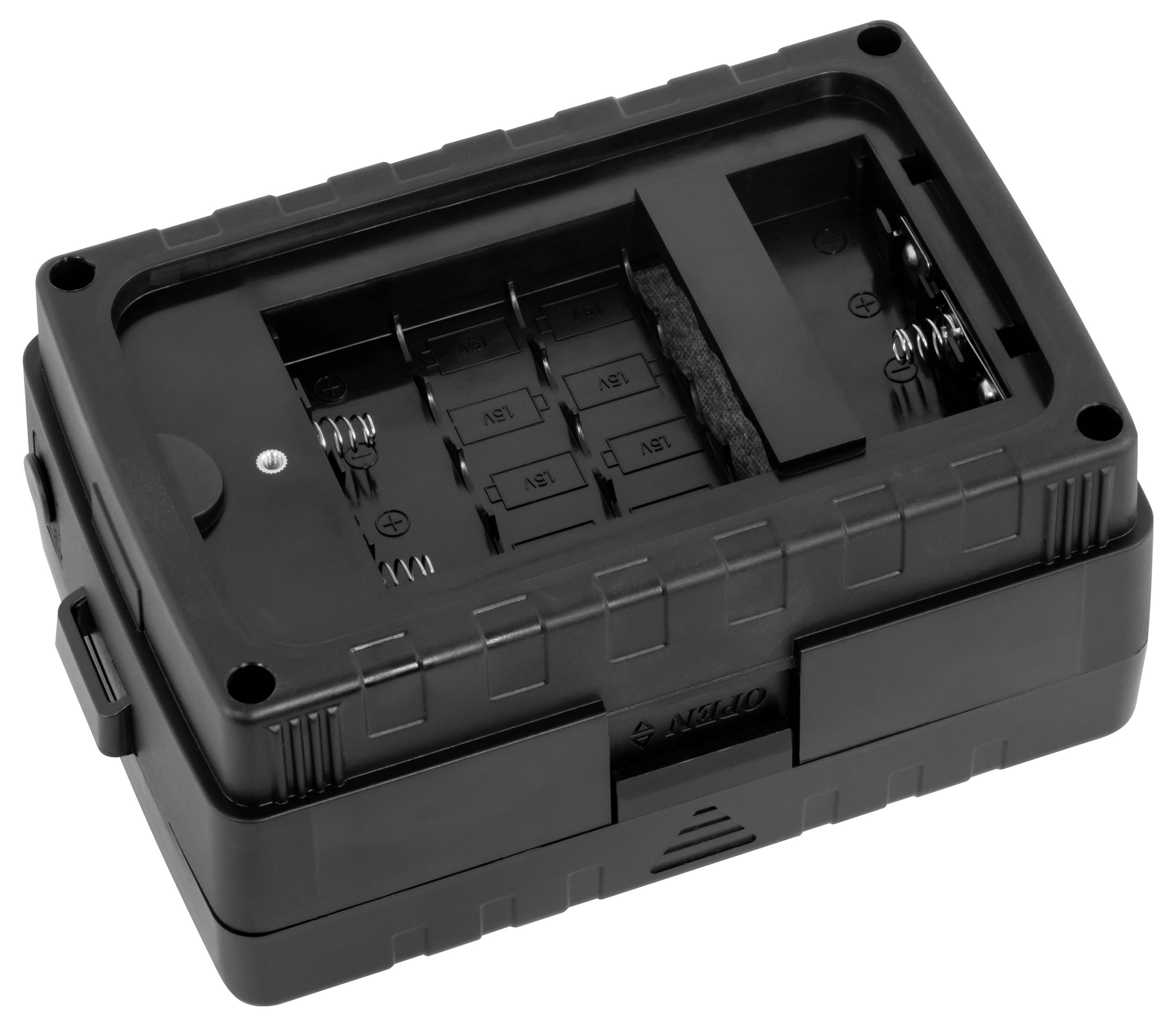 Zwart plastic batterijvak met vier slots en metalen veren, weergegeven in een open, rechthoekig apparaathouis.