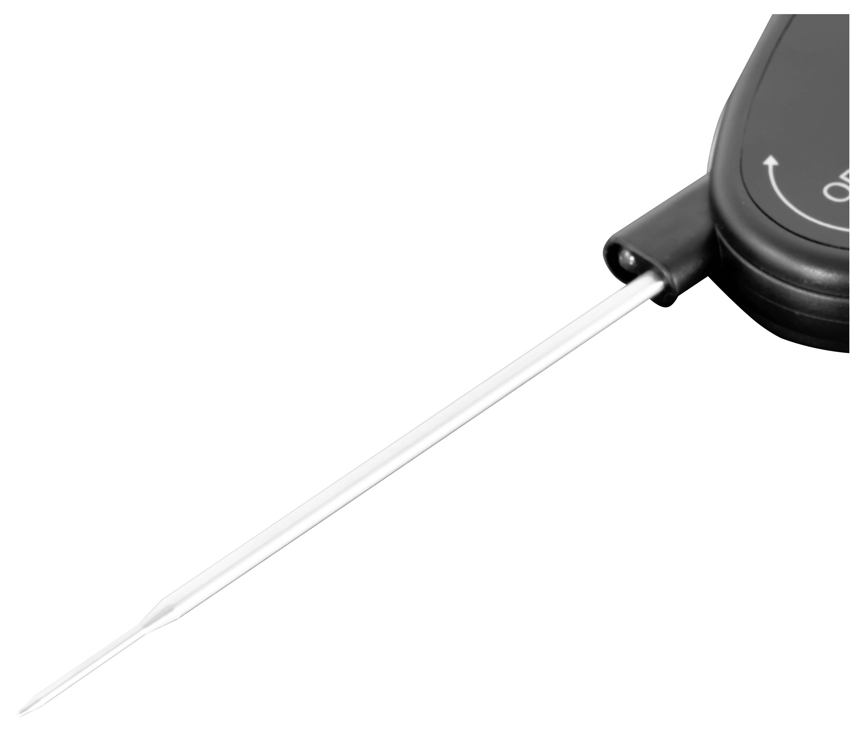 Zwarte digitale thermometer met lange transparante stengel op een witte achtergrond, schuin geplaatst.