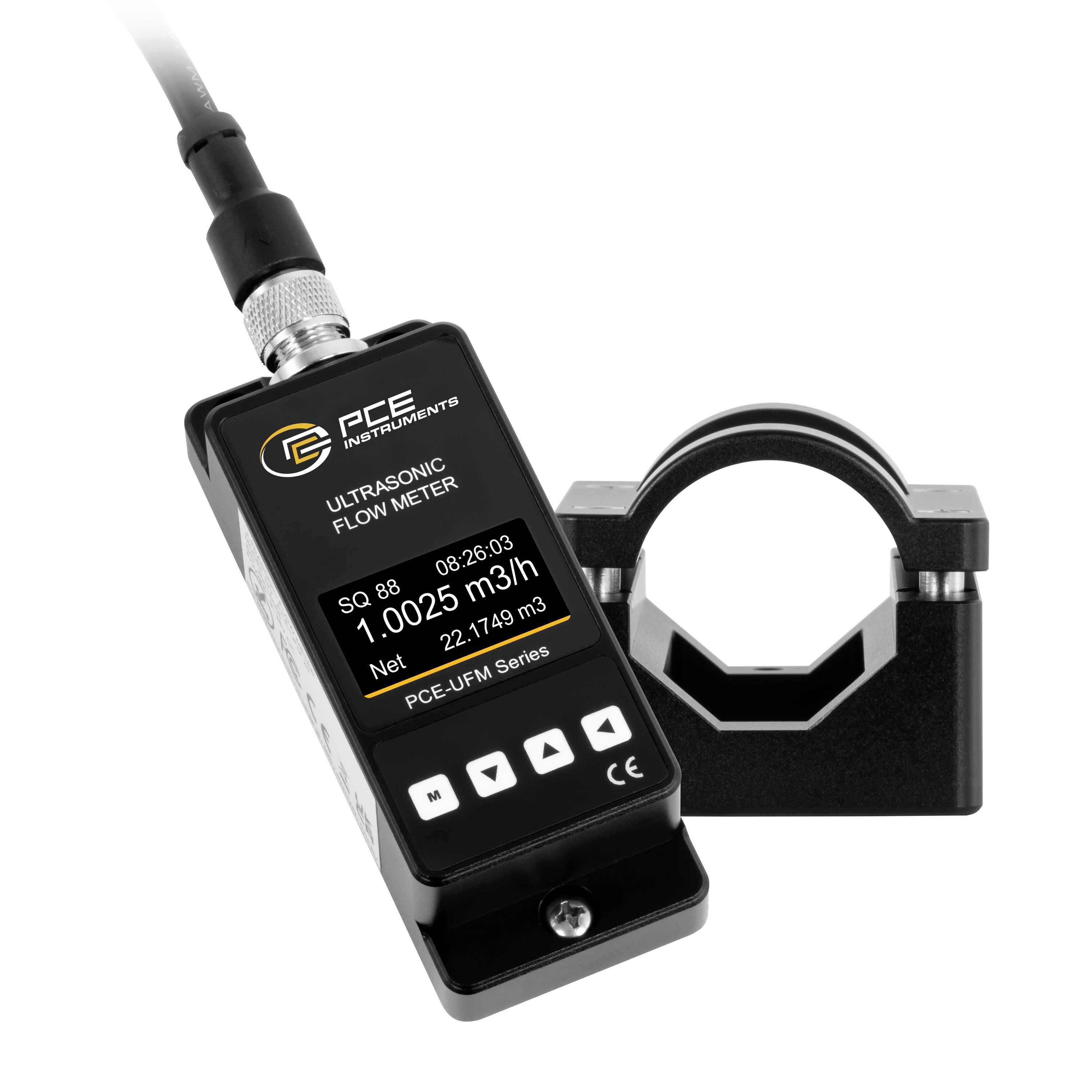 Draagbare PCE ultrasone debietmeter met klemsenor, met digitaal display dat het debiet in m3/h weergeeft.