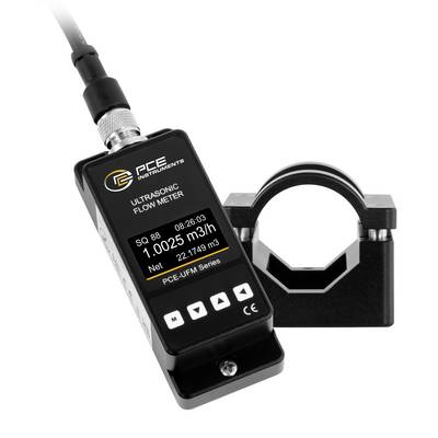 Draagbare PCE ultrasone debietmeter met klemsenor, met digitaal display dat het debiet in m3/h weergeeft.