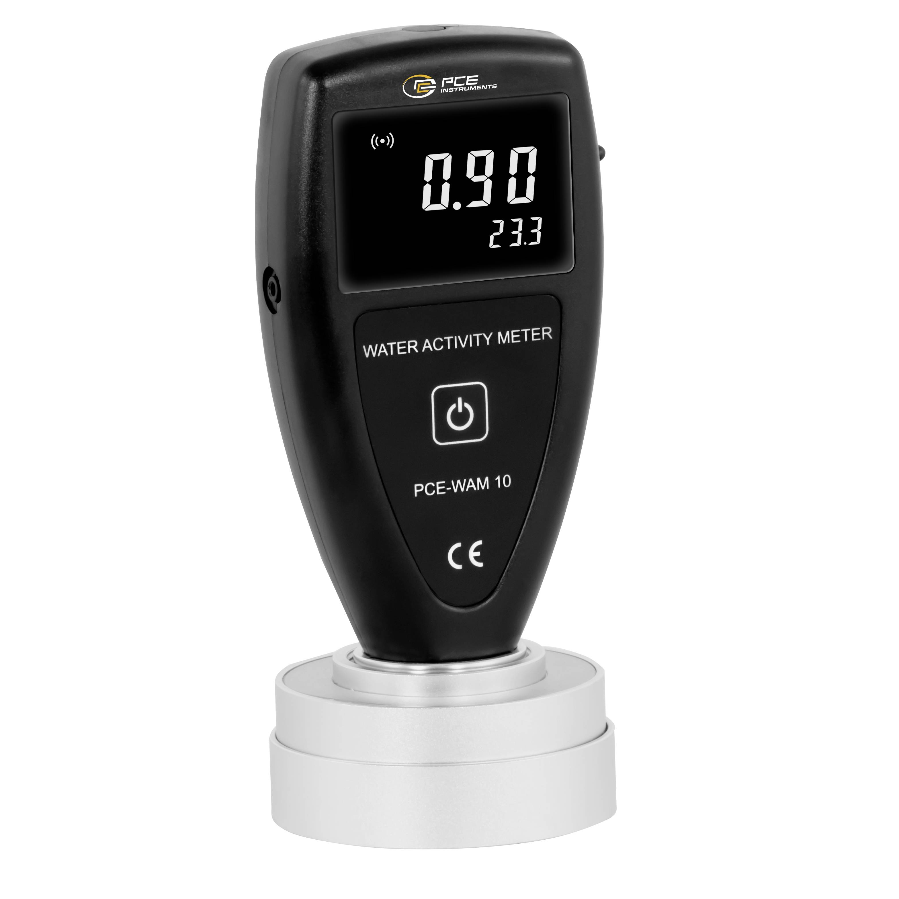 Draagbare waterschapsmeter met aflezingen 0,90 en 23,3 op het scherm, gemonteerd op een witte basis.