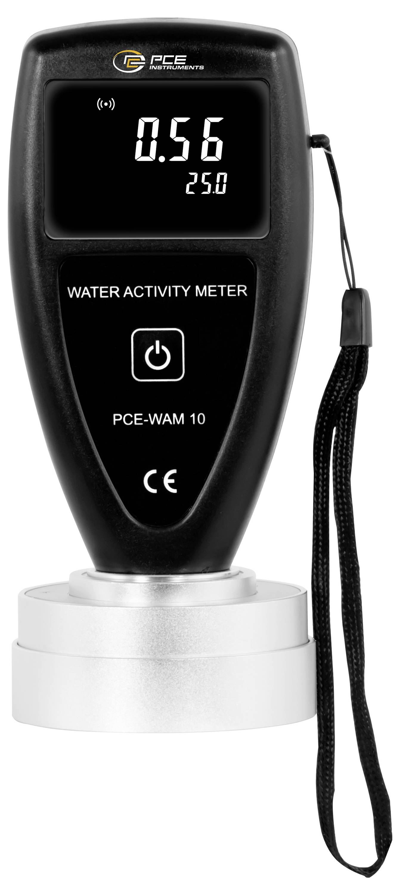 Draagbare watervochtigheidsgraad-meter met digitale weergave van 0,56 en 25,0, met polsband en voetsteun.