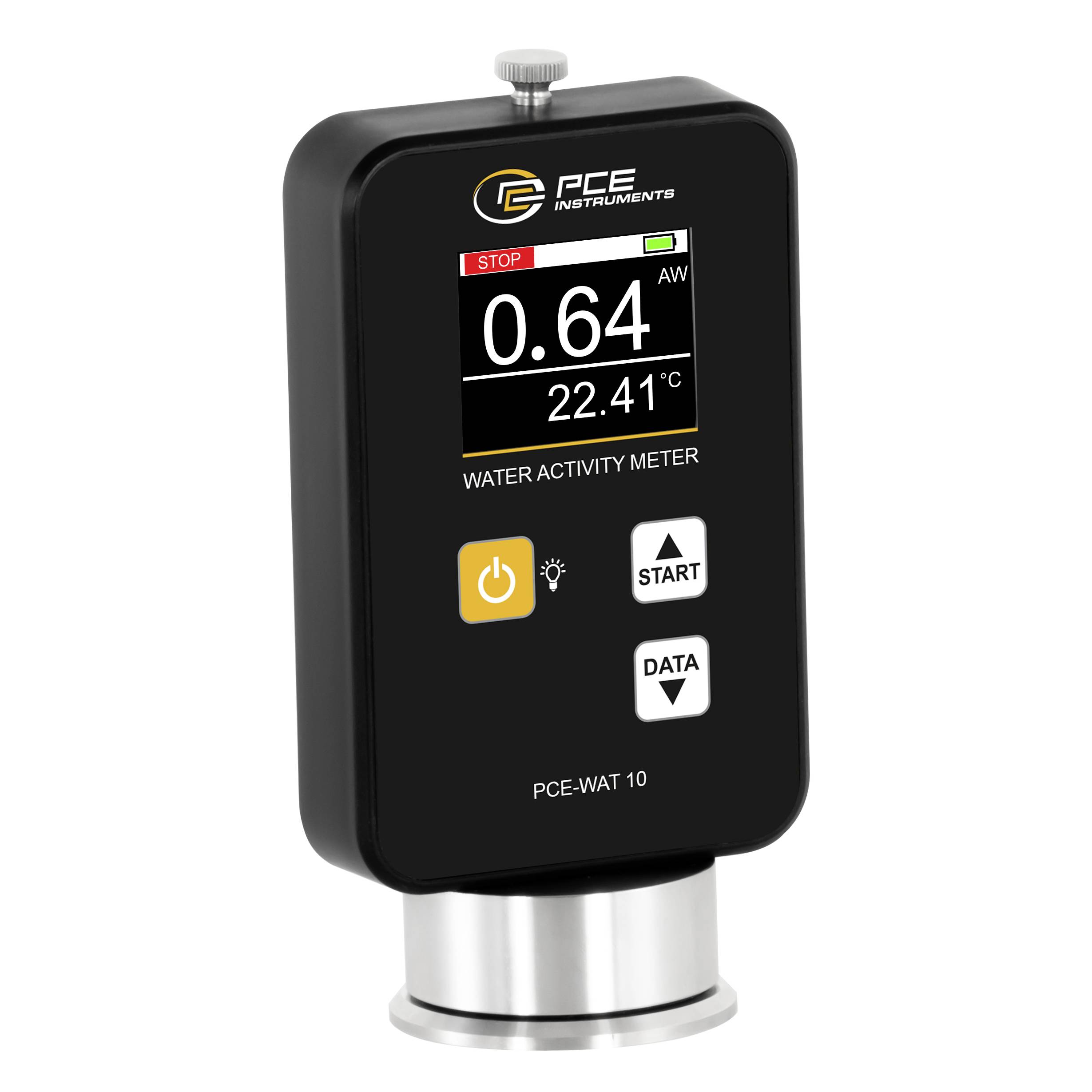 PCE vochtactiviteitmeter met weergave van 0,64 Aw en 22,41°C, met START- en DATA-knoppen op een handheld apparaat