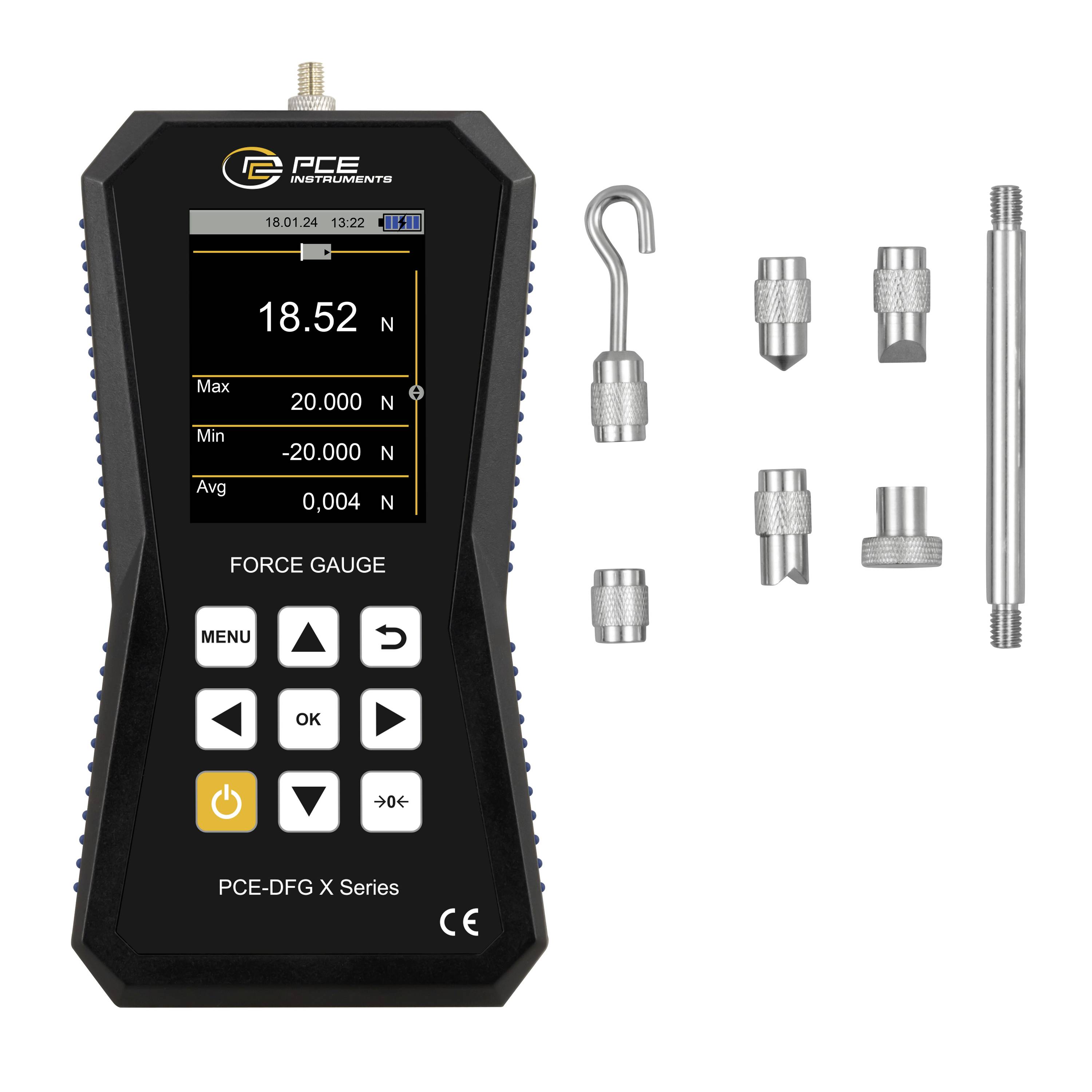 Digitale krachtsensor met weergave van 18.52 N, weergegeven met uitwisselbare testopstellingen en haakprobe voor krachmeting.