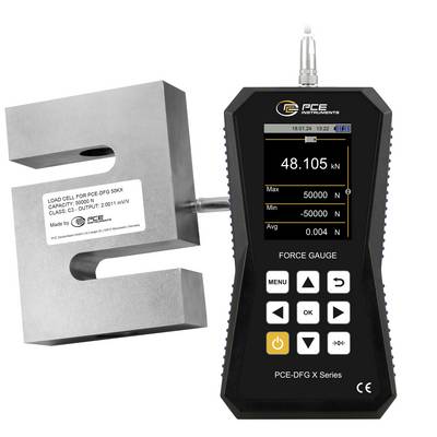 Digitale krachtsensor met belastingcel, die een gemeten kracht van 48.105 kN op het display weergeeft.