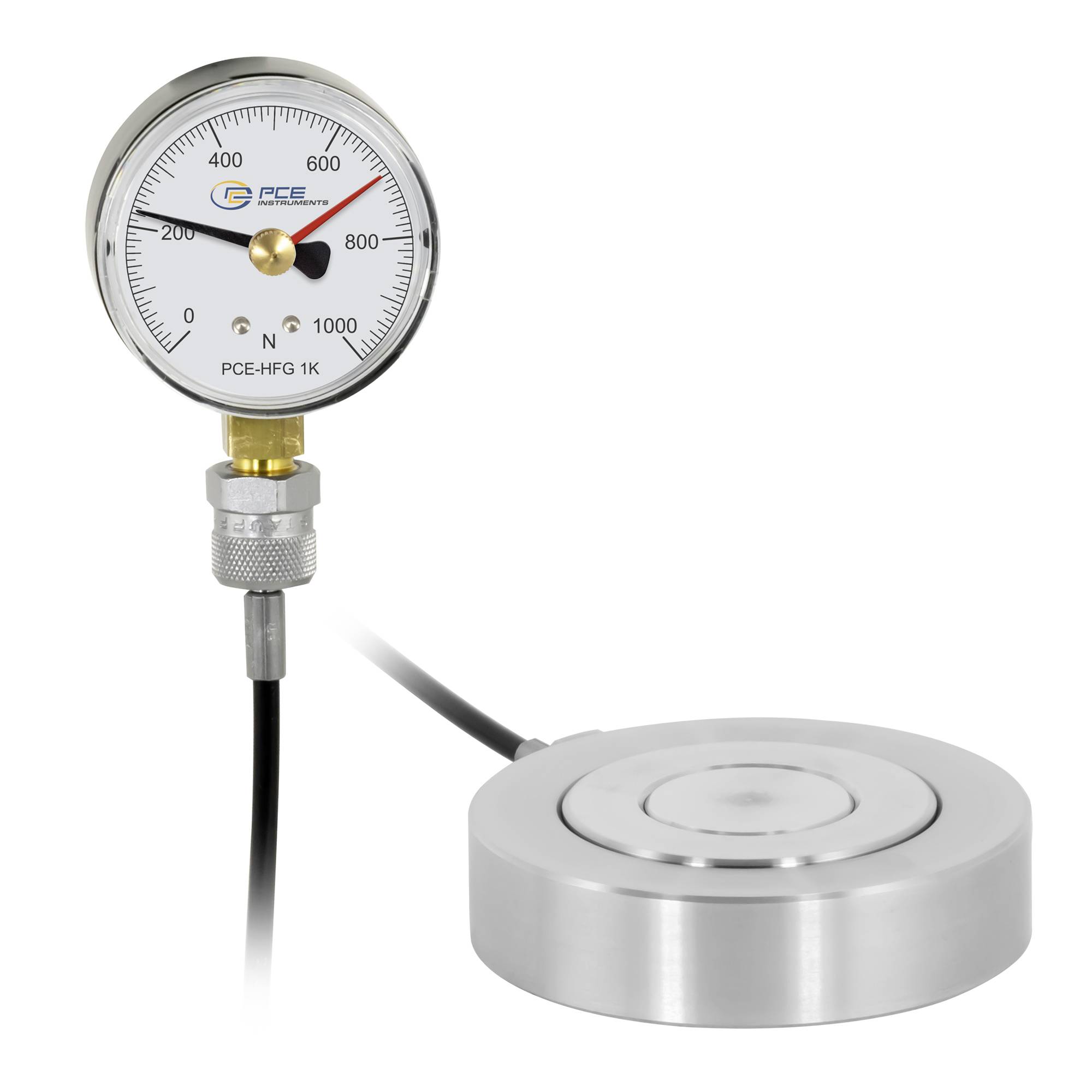 Analoge krachtsensor met wijzerplaat en aangesloten ronde belastingcel sensor op een kabel, weergegeven op een witte achtergrond.