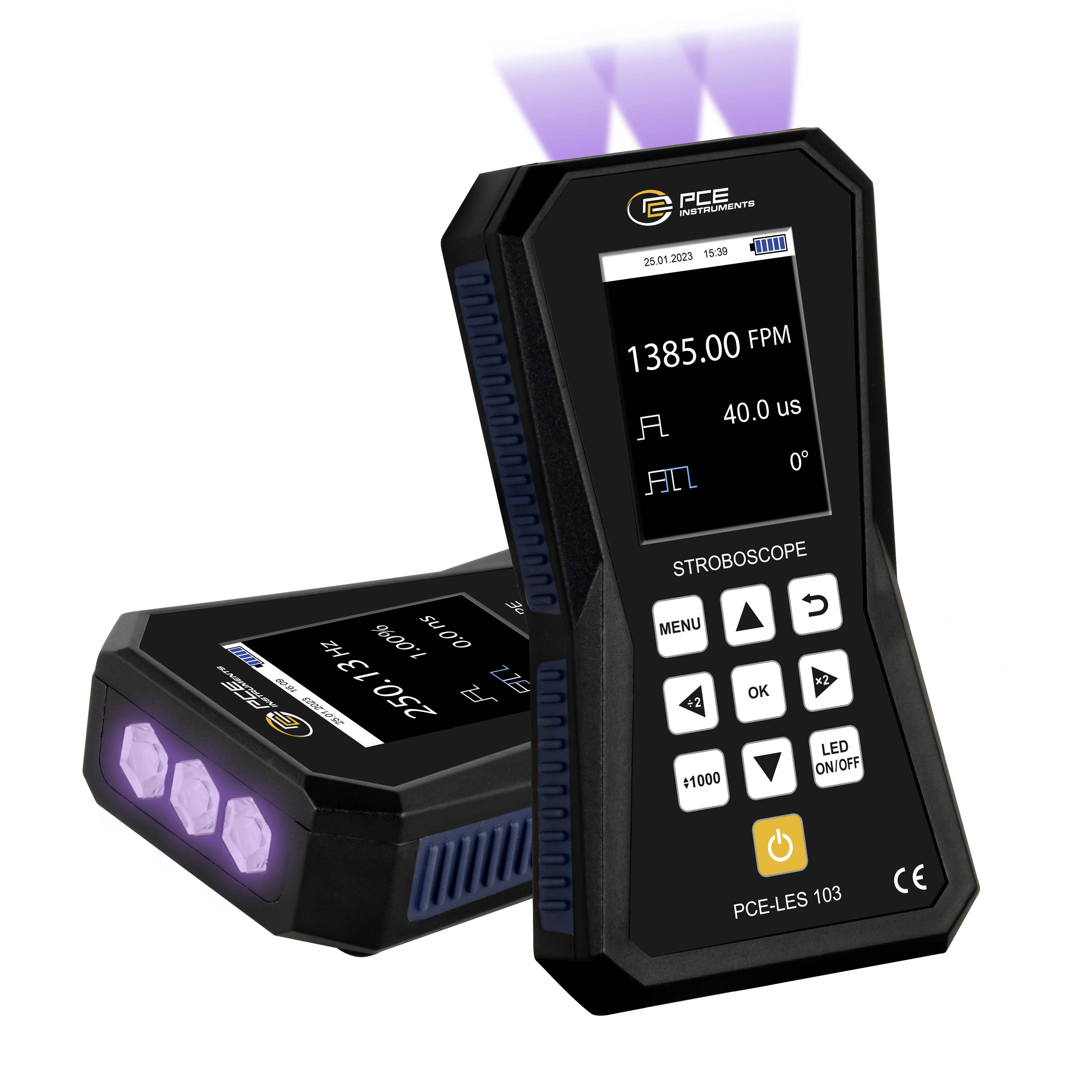 Twee handheld stroboscoopapparaten, één rechtopstaand waarop 1385.00 FPM wordt weergegeven en één liggend, met zichtbare paarse flitslampen.