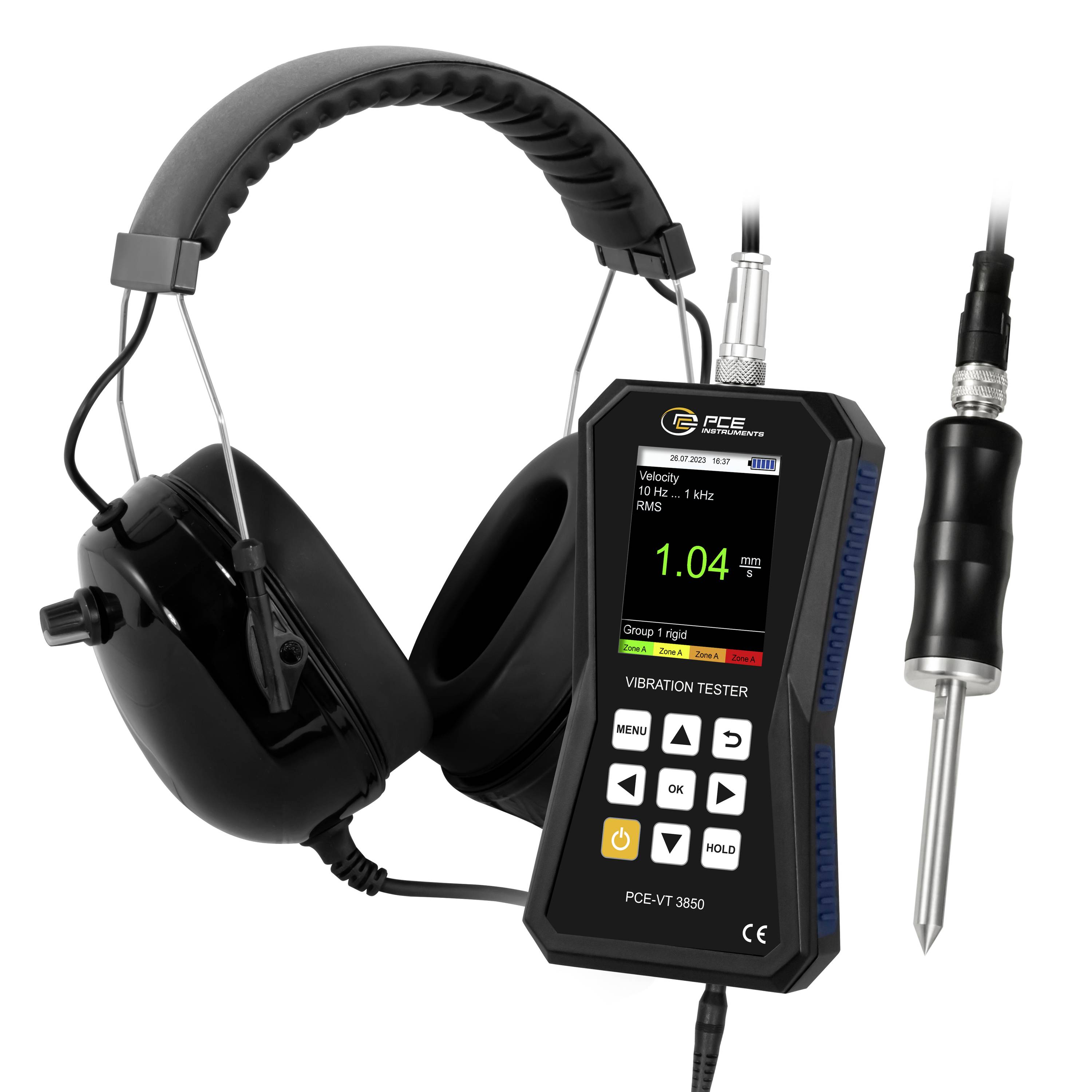 Draagbare trillingmeter met over-ear koptelefoon, digitaal display en sondesensor voor het meten van trillingsniveaus.