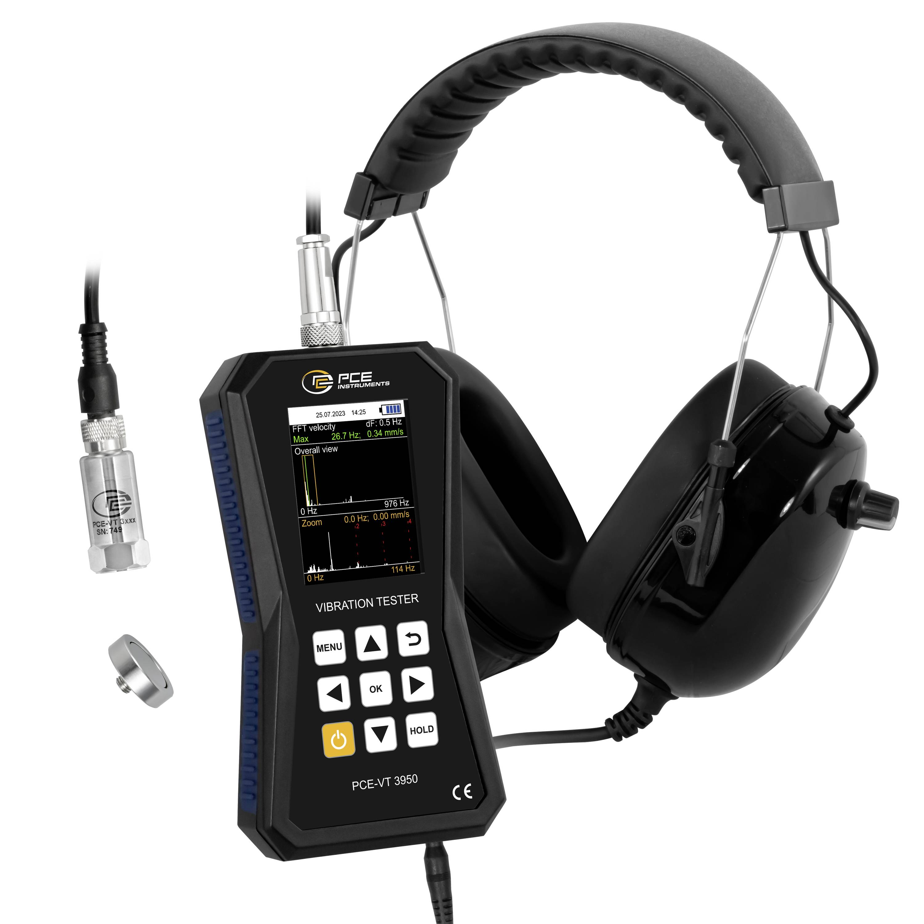 Draagbare trillingmeter met display, probe en oorkap-stijl koptelefoon voor het meten van trillingsmagnitudes van machines.