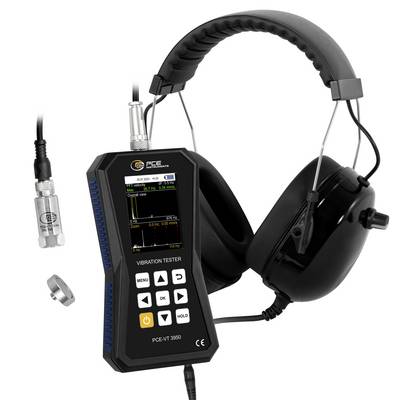 Draagbare trillingmeter met display, probe en oorkap-stijl koptelefoon voor het meten van trillingsmagnitudes van machines.