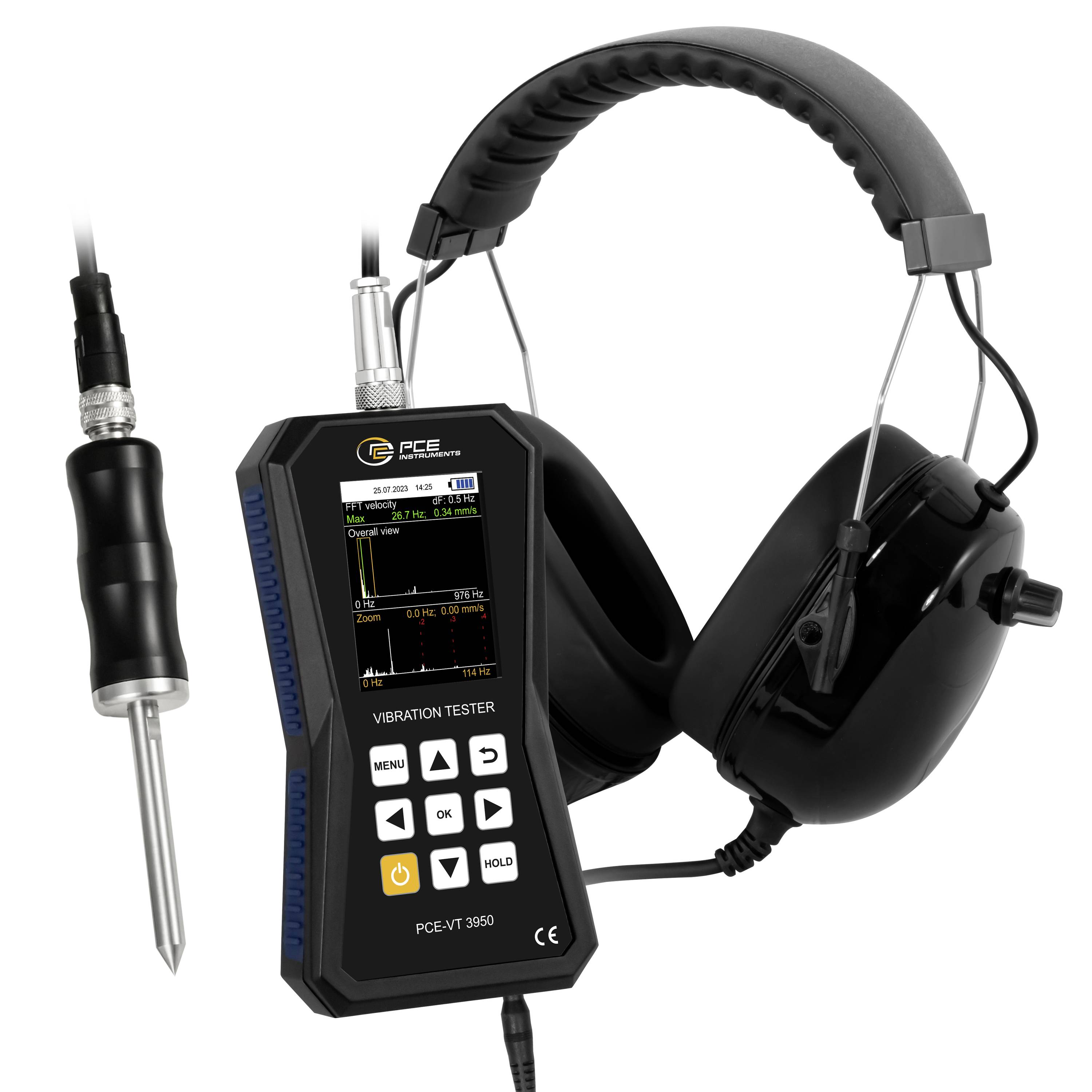 Handheld trillingmeter met sonde en over-ear koptelefoon voor het meten van machinetrillingen en geluidsniveaus.