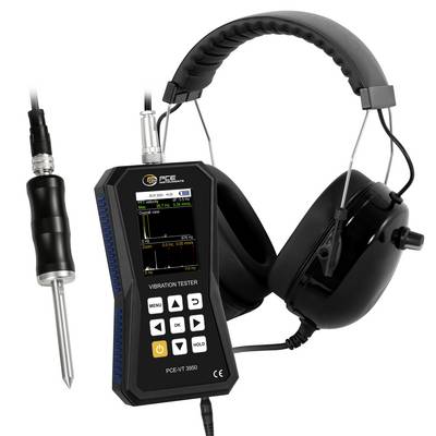 Handheld trillingmeter met sonde en over-ear koptelefoon voor het meten van machinetrillingen en geluidsniveaus.