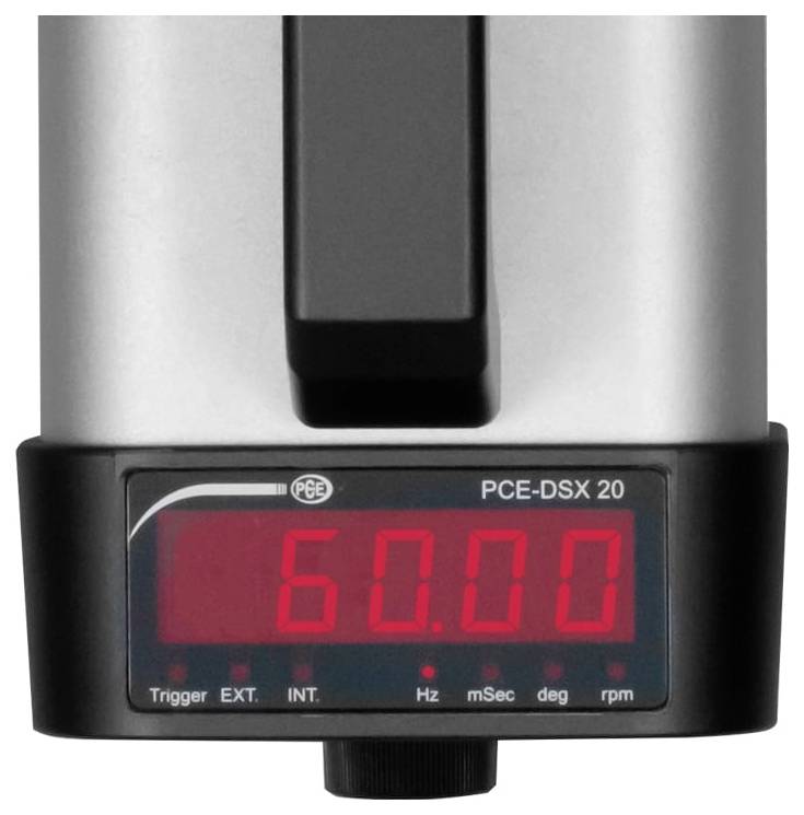 Digitaal apparaatdisplay met weergave van 60.00 op een PCE-DSX 20 meter, met indicatoren voor Hz, mSec, deg en rpm.