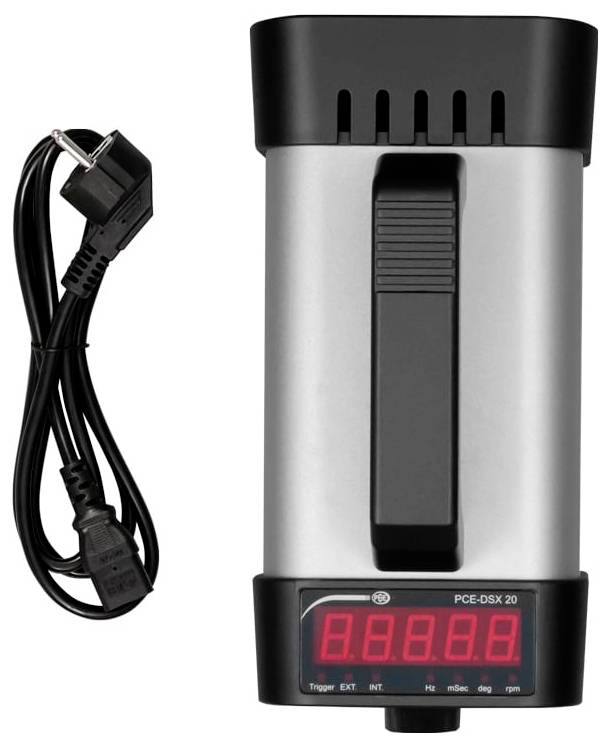 Compact tafelmodel digitaal apparaat met een display, waarschijnlijk een frequentieteller of timer, weergegeven met een stroomkabel.