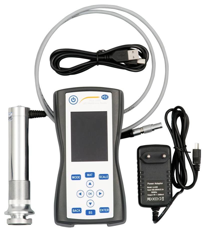 'Ultrasone dikte-meetapparaat set inclusief apparaat, sensor, USB-kabel en voedingsadapter. Meet materiaaldikte voor inspectie.'