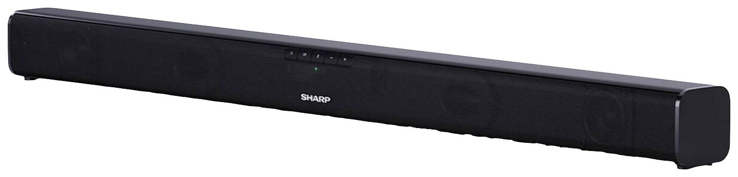 Zwarte soundbar met een strak, langgerekt ontwerp en een discreet logo in het midden. Hij is bedoeld voor het verbeteren van de geluidskwaliteit van televisies.