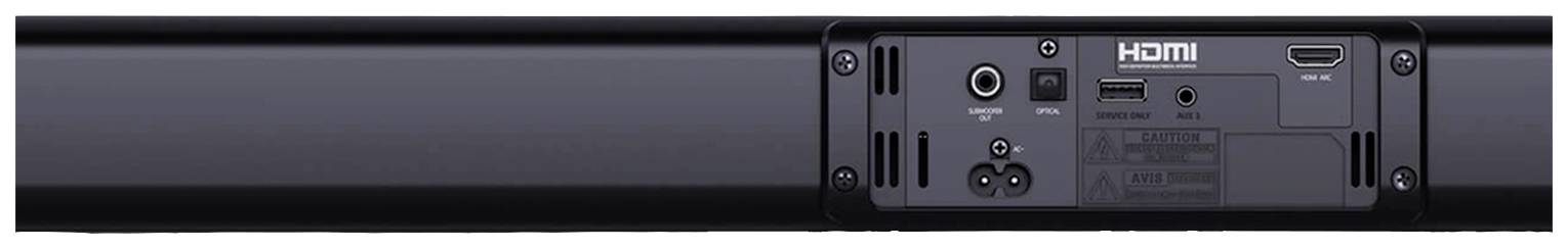 Achterkant van een soundbar met aansluitingen: HDMI, Optisch, USB en Voeding. HDMI-aansluiting is gemarkeerd.