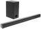 Soundbar en subwoofer in zwarte kleur, productfoto.