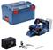 Een blauwe Bosch elektrische schaafmachine met toebehoren: stofzak, parallelle geleider, diepte-aanslag, in een blauwe transportkoffer.