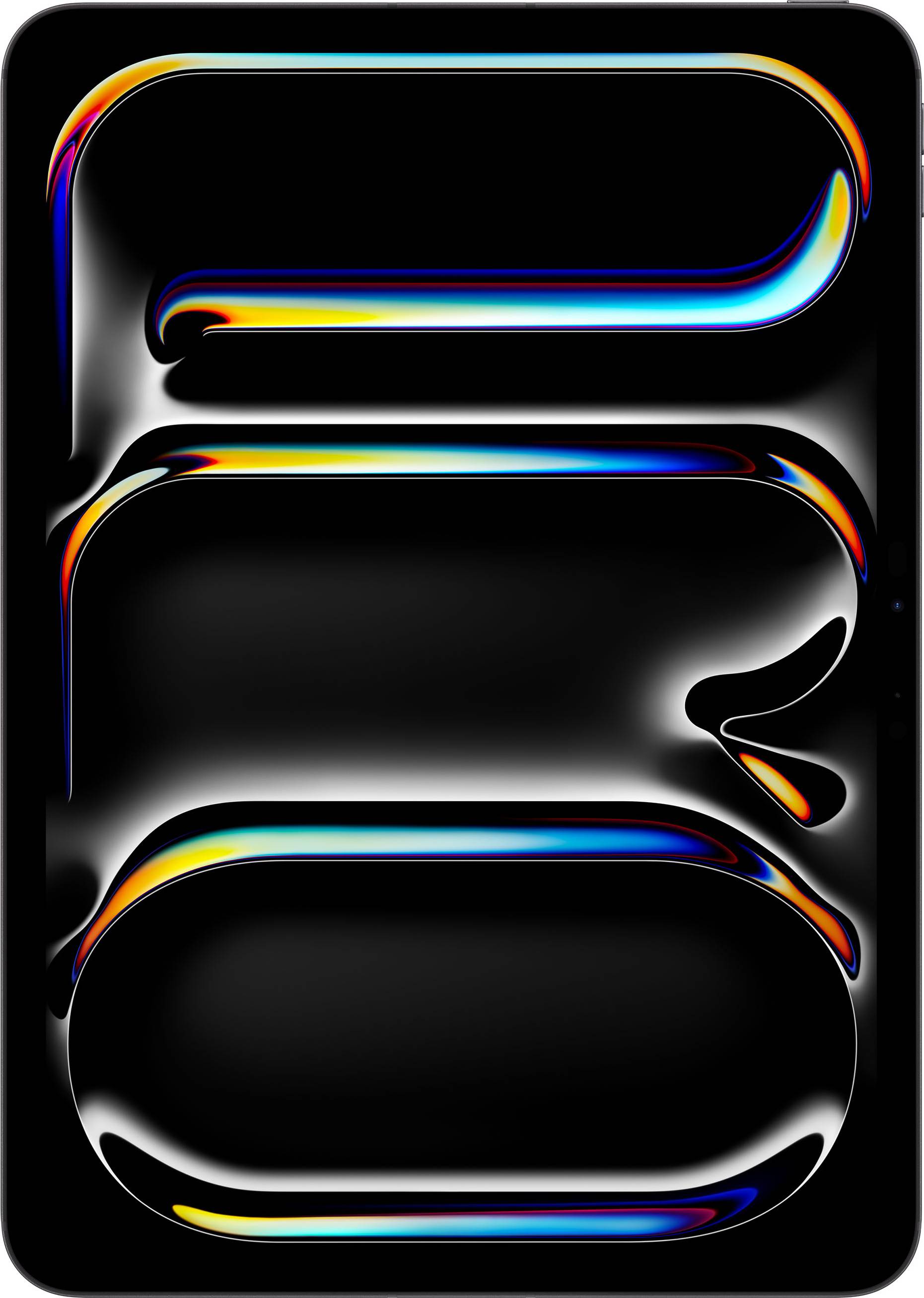 Zwart oppervlak met kleurrijke, glanzende, amorf gevormde lijnen in blauw, geel en rood, die lijken op lichtreflecties.