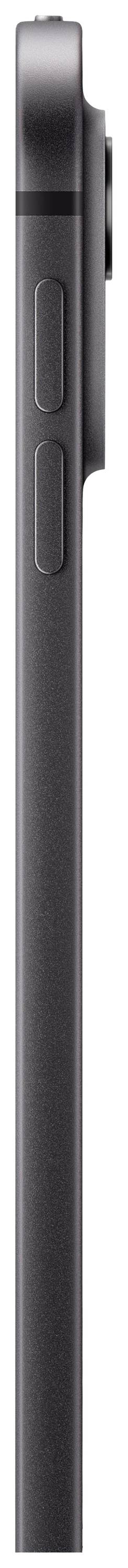 Zijaanzicht van een zwarte, dunne smartphone met uitstekende camera en volumeknoppen aan de zijkant.