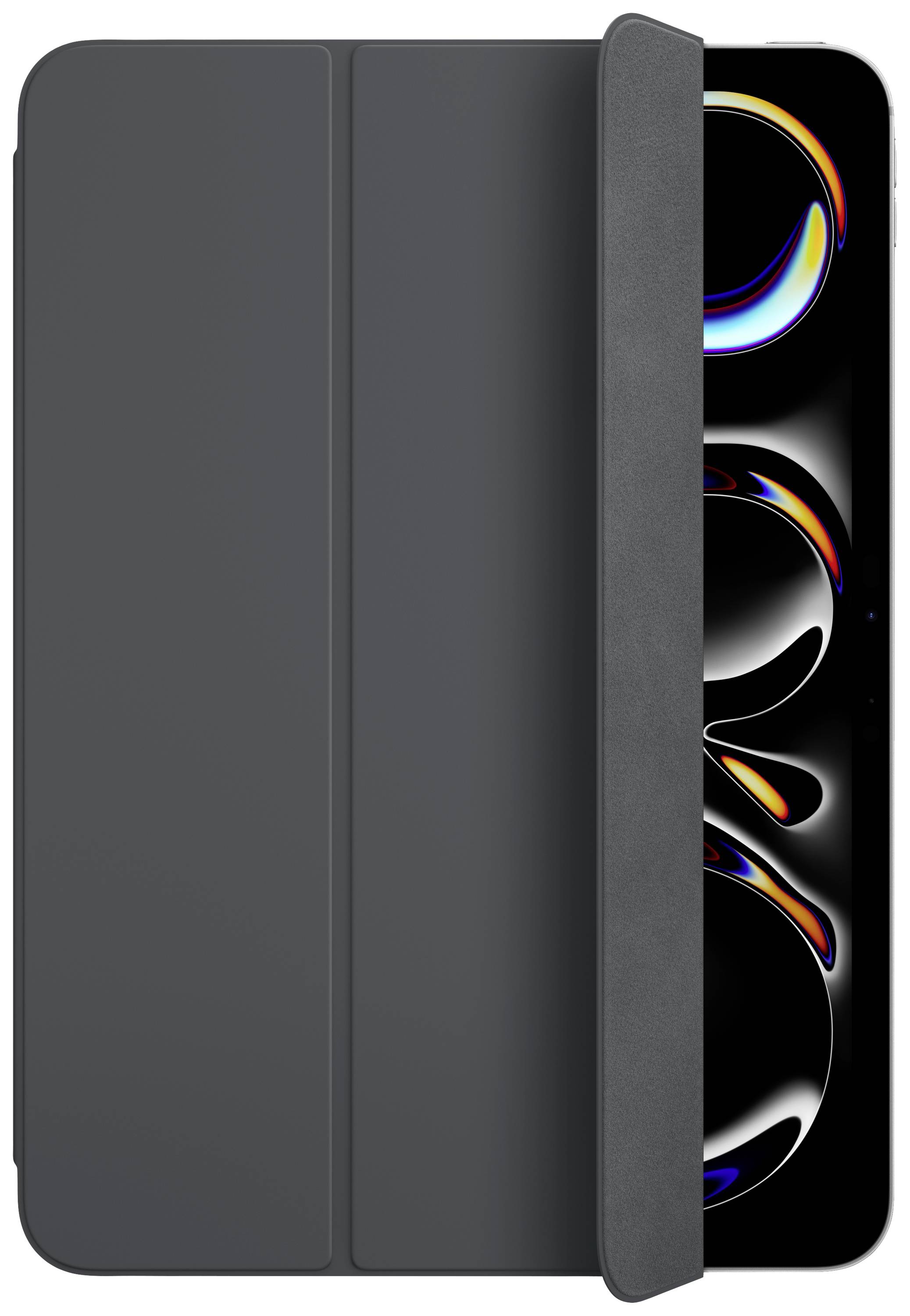 Een zwarte tablet met een iets opengeslagen hoesomslag. Het scherm toont kleurrijke, abstracte vormen.