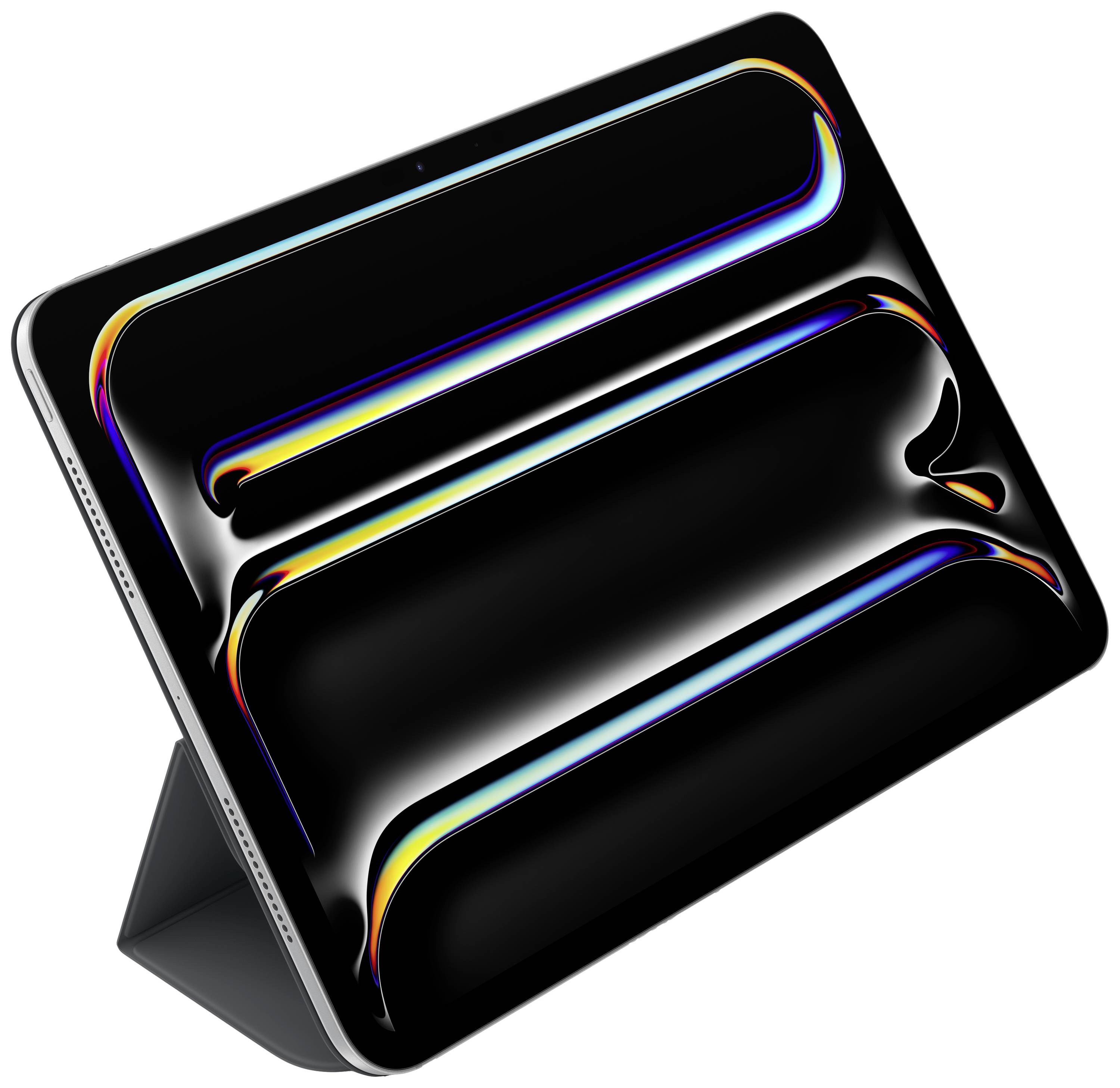 Een tablet op een standaard toont een abstract, kleurrijk display op een zwarte achtergrond.