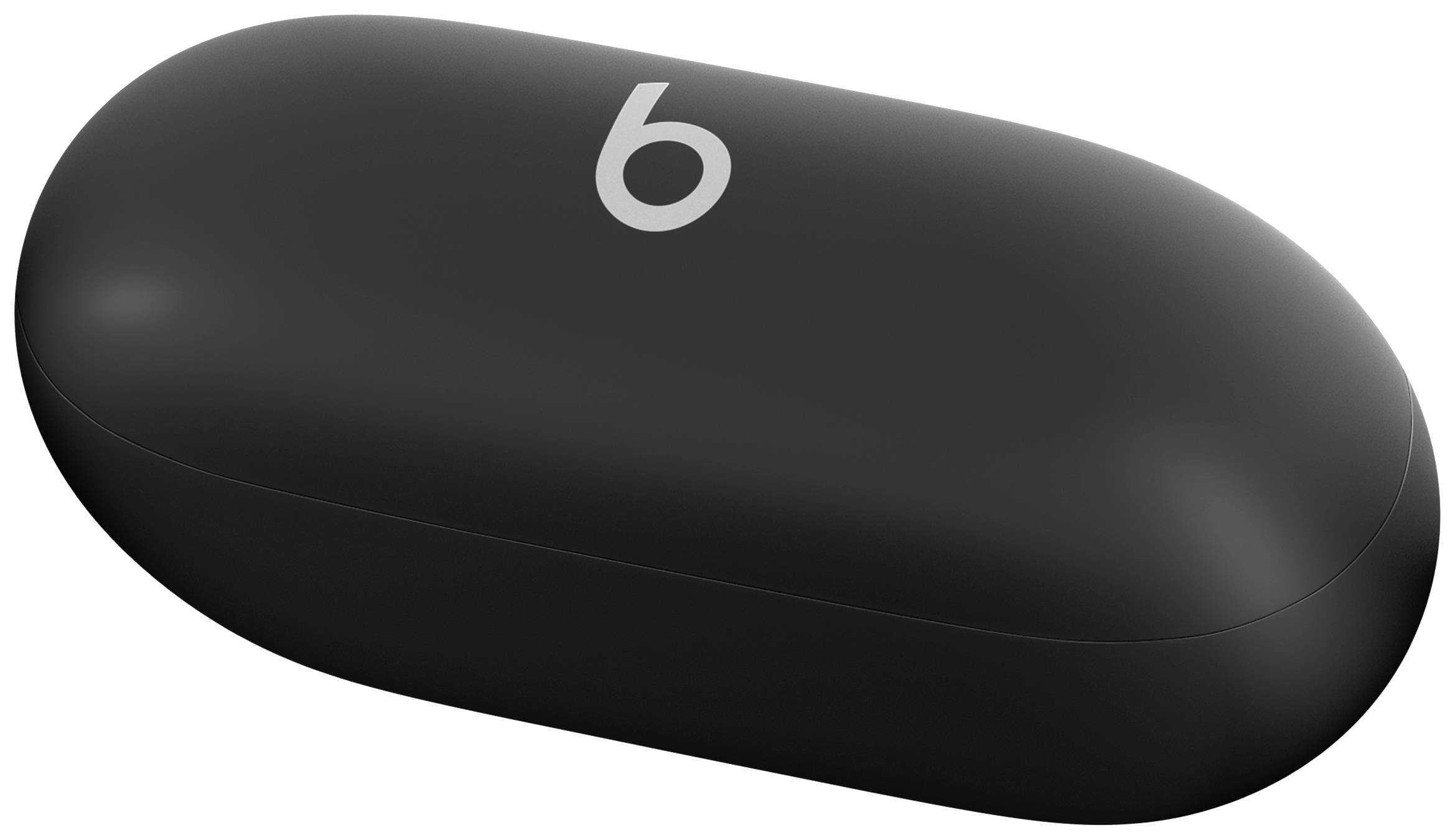 Zwart, ovaal etui met een 'b'-logo erop, dat bedoeld is voor het opbergen van koptelefoons.