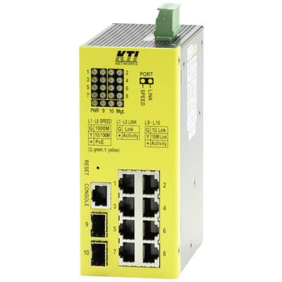 Een gele netwerk-switch met meerdere Ethernet-poorten en LED-indicatoren voor verbinding en activiteit, geproduceerd door KTI Networks.