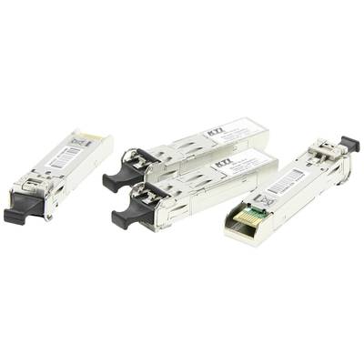 Vier zilverkleurige SFP-modules met zwarte aansluitingen, die worden gebruikt in netwerkapparatuur voor gegevensoverdracht.