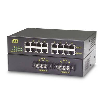 Netwerk-switch met 16 Ethernet-poorten en voedingsingangen, geschikt voor industriële toepassingen en redundantie.