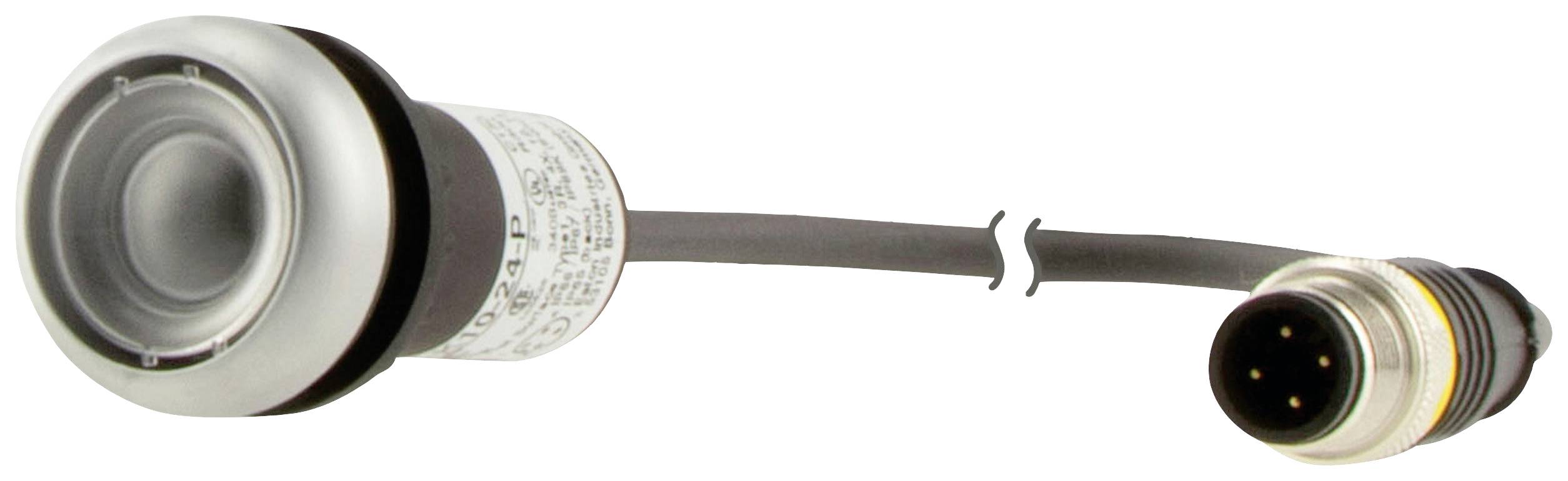 Een zilveren, ronde drukknop met zwart kabel en stekker. Geschikt voor industriële toepassingen met robuust ontwerp.