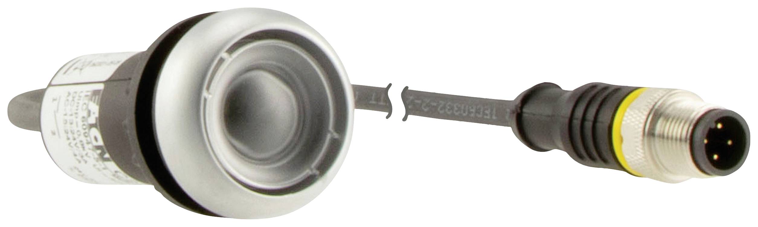Een cilindrische sensor met kabel en stekker. De sensor heeft een metalen oppervlak, en de stekker heeft vier pinnen.