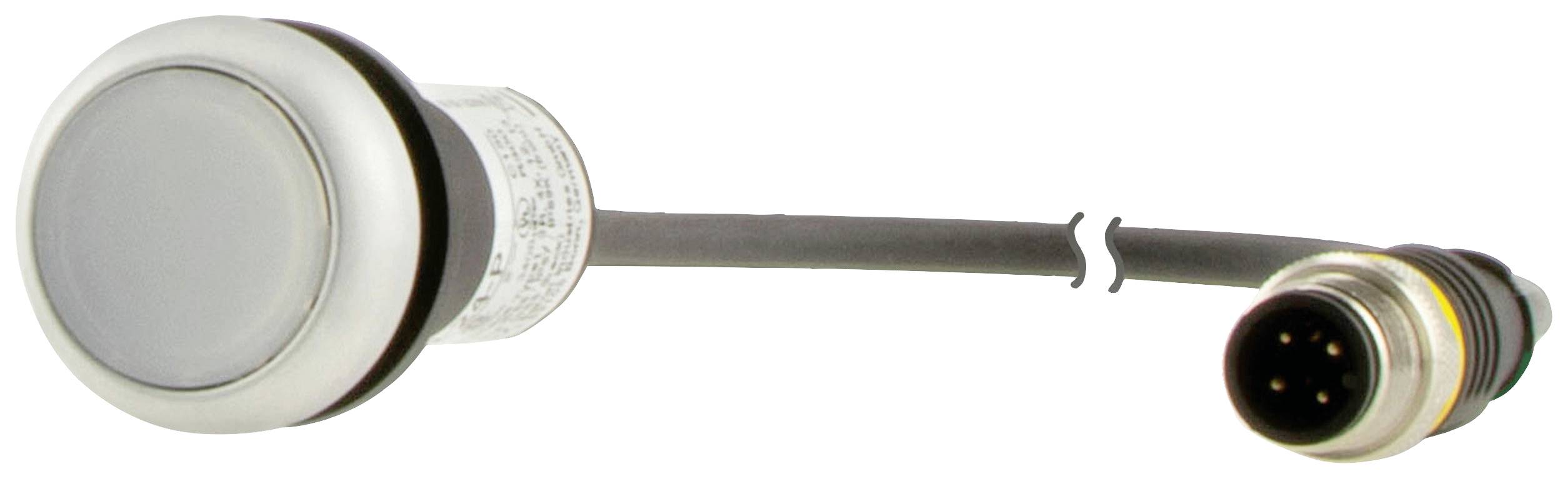 Een ronde drukknop met een metalen behuizing en een aangesloten kabel met een 4-polige stekker.