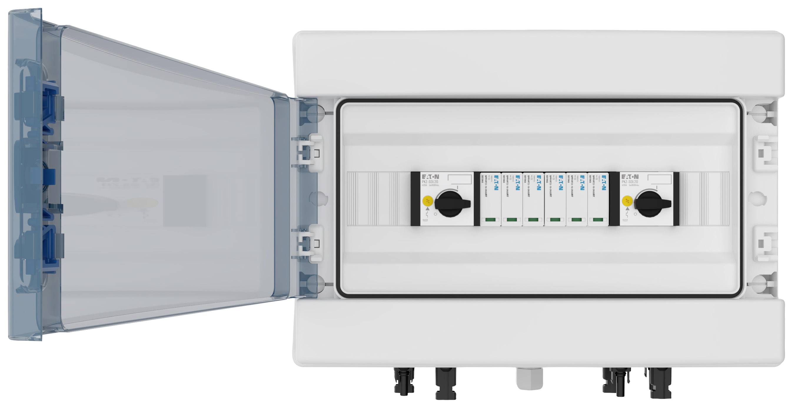 Elektrische verdeeldoos met geopend deksel, toont vier automatische zekeringen. Gebruikt voor overstroombeveiliging in elektrische installaties.