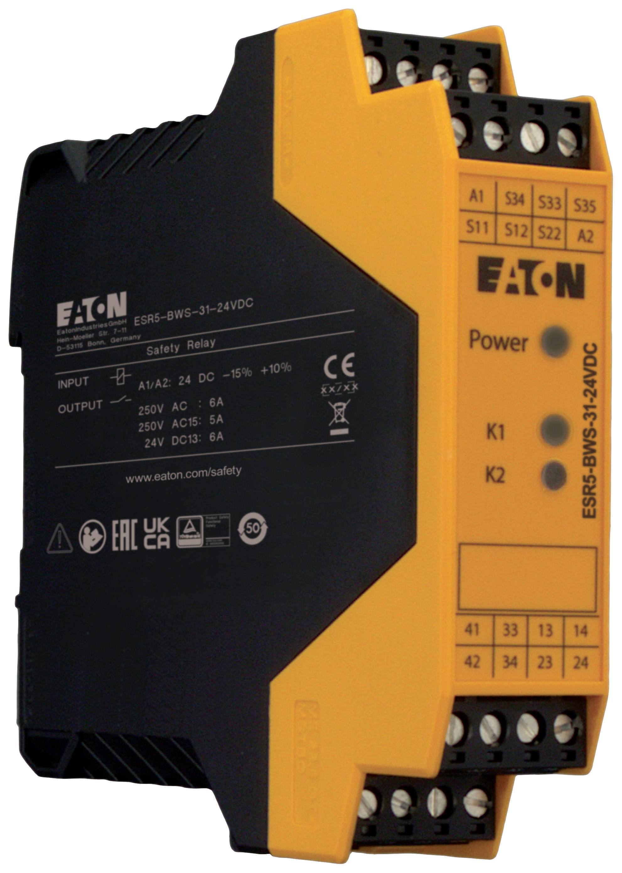 Veiligheidsrelais van Eaton, model ESR5-BMS-31-24VDC, getoonde aansluitingen en labels voor industriële toepassingen.