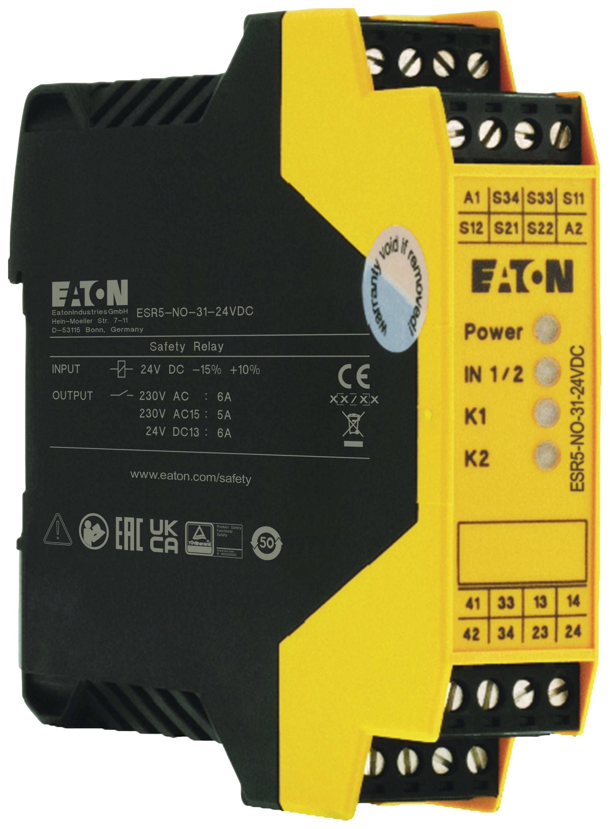 Een veiligheidsrelais van Eaton, model ESR5-NO-31-24VDC, toont ingangs- en uitgangspecificaties alsmede aansluitingen aan de zijkanten.