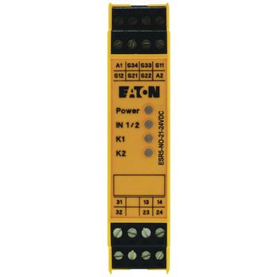 Veiligheidssschakeltoestel van Eaton met gele behuizing. Bevat controlelampjes voor Voeding, IN 1/2, K1 en K2. Model: ESR5-NO-21-UC.