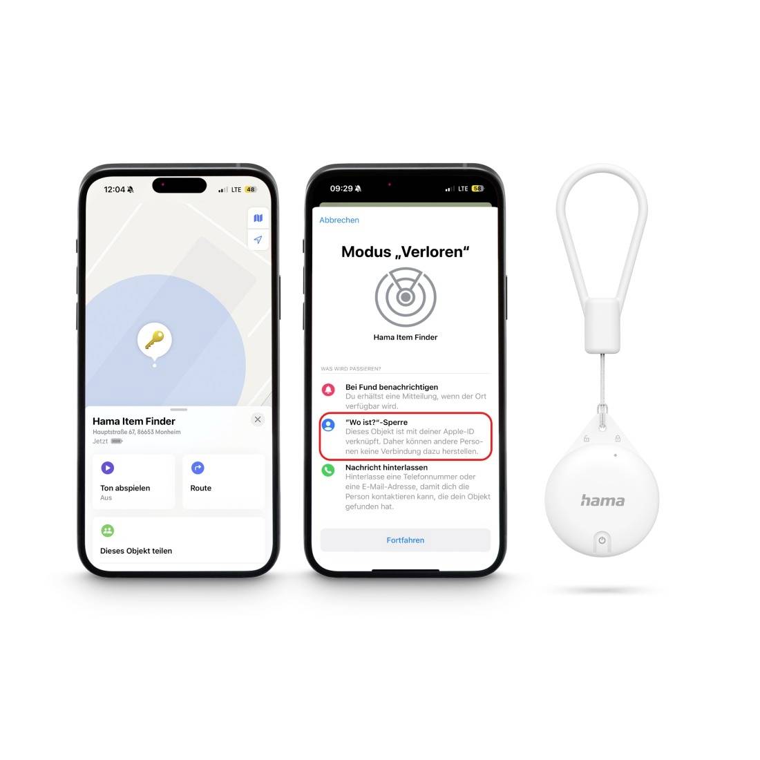 Twee smartphones tonen de 'Verloren Modus' voor een Hama Item Finder en de bijbehorende kaart, naast een witte Hama Finder.