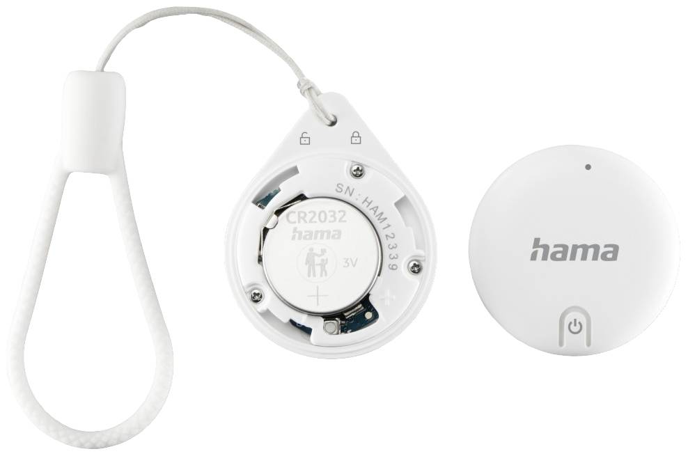 Kleine, witte Bluetooth-tracker van Hama met batterijvak en lus, geschikt voor sleutelbos of tassen, om voorwerpen terug te vinden.
