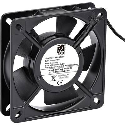 Een zwarte computerventilator met een vierkante lijst en kabel, met het typeplaatje met technische specificaties in het midden.