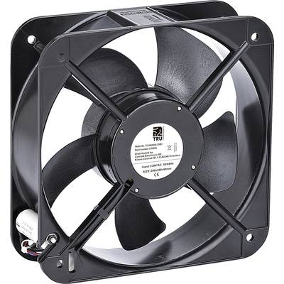 Een zwarte ventilator met vijf schoepen, bedoeld voor industriële koeling. De voorkant en de labels op het middendeel zijn zichtbaar.