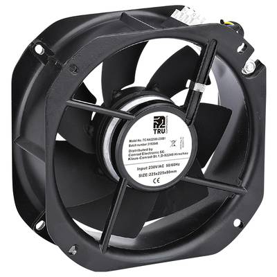 Zwarte axiale ventilator met vijf schoepen, voorzien van het bijpassende opschrift: 'TRU Model: TR-AXP288 300H', gebruikt voor koeltoepassingen.
